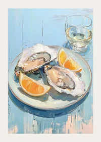 Delicious oysters with citrus on a light blue background.-3