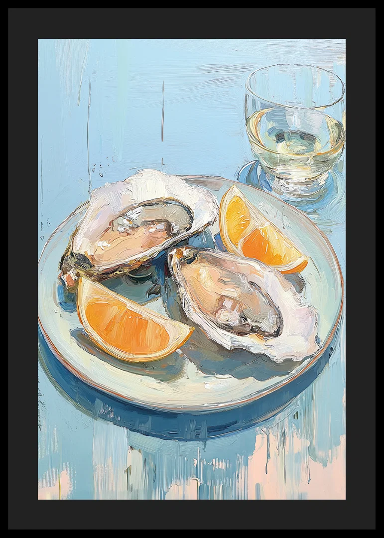Delicious oysters with citrus on a light blue background.-12