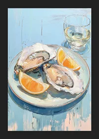 Delicious oysters with citrus on a light blue background.-5