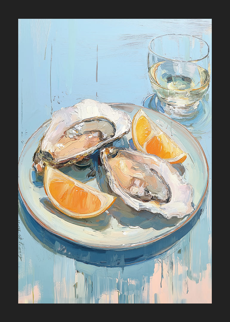 Délicieuses huîtres aux agrumes sur fond bleu clair.-12