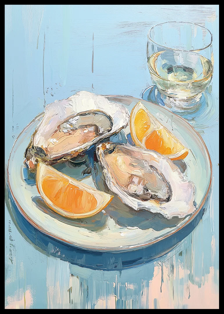 Delicious oysters with citrus on a light blue background.-12