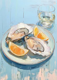 Delicious oysters with citrus on a light blue background.-7