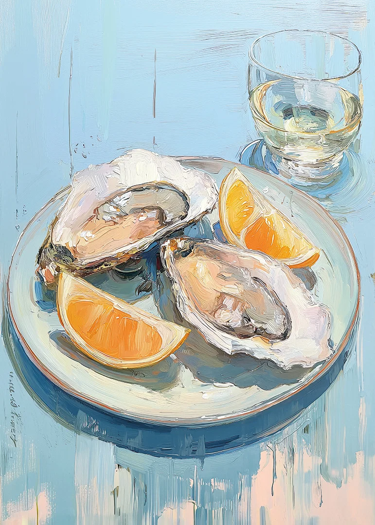 Delicious oysters with citrus on a light blue background.-12