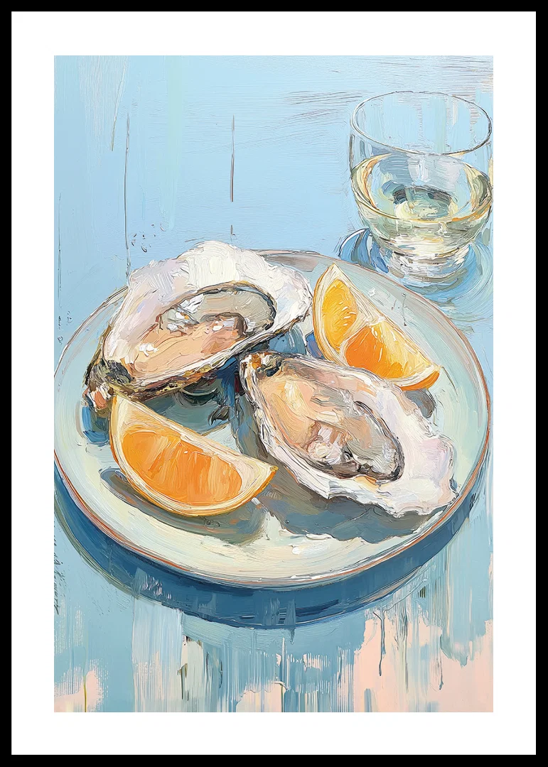 Delicious oysters with citrus on a light blue background.-12