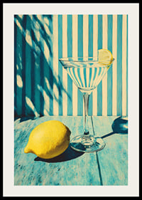 Ett glas mot randig bakgrund med solig citronkänsla.-2