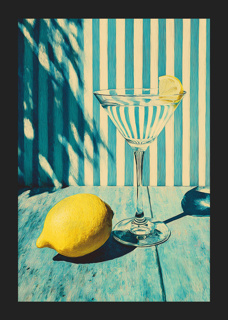 Ett glas mot randig bakgrund med solig citronkänsla.-12