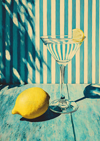 Ett glas mot randig bakgrund med solig citronkänsla.-7