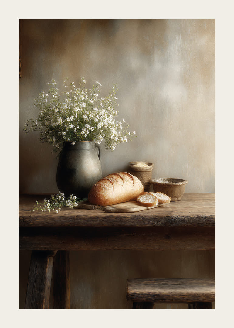 Rustik borddækning med landbrød og blomster.-12