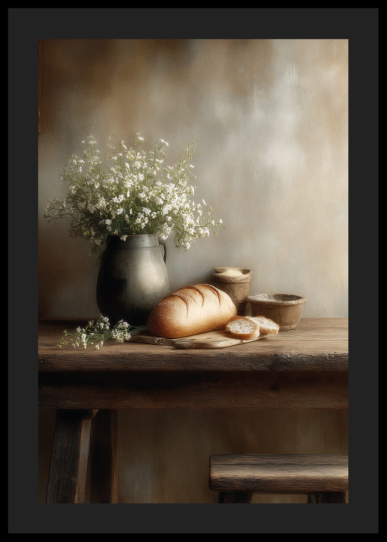 Rustik borddækning med landbrød og blomster.-12