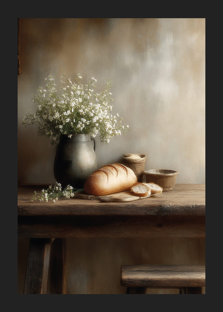 Rustik borddækning med landbrød og blomster.-12