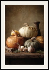 Efterårshøsten hviler stilfuldt på et robust træbord.-2