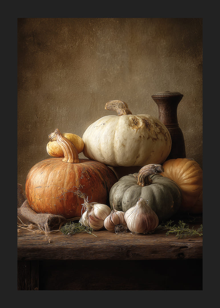 Efterårshøsten hviler stilfuldt på et robust træbord.-12