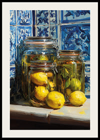 Sunny lemons in jars against blue tile wall.-2
