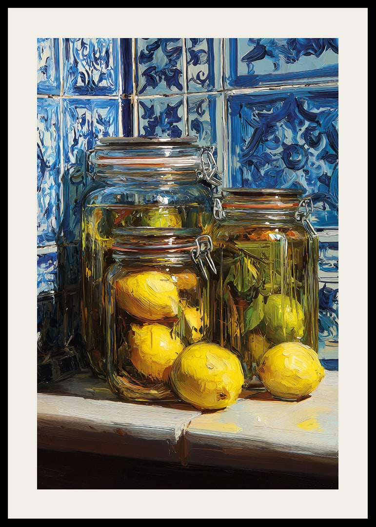 Sunny lemons in jars against blue tile wall.-12