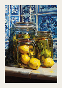 Sunny lemons in jars against blue tile wall.-3
