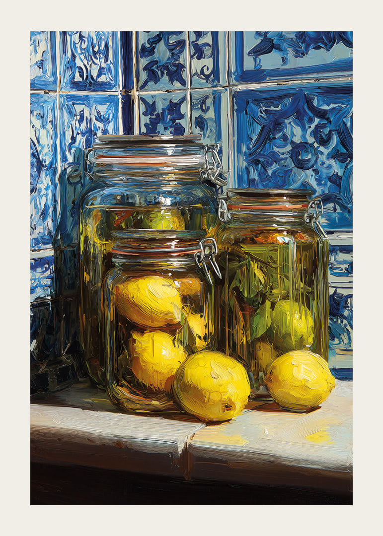 Sunny lemons in jars against blue tile wall.-12