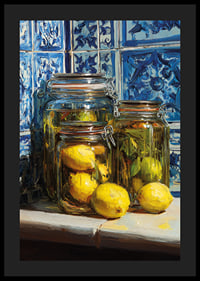 Sunny lemons in jars against blue tile wall.-4