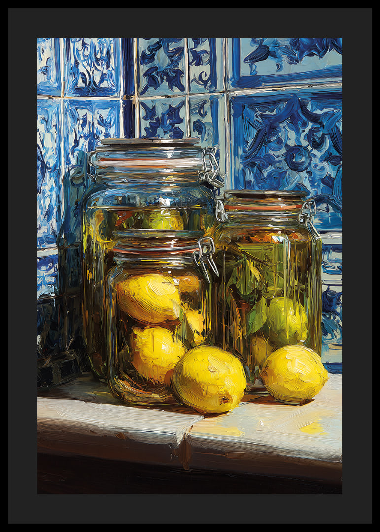 Sunny lemons in jars against blue tile wall.-12