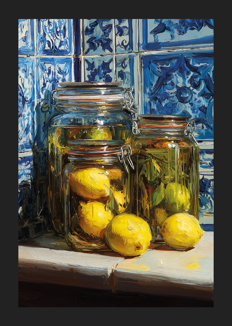 Sunny lemons in jars against blue tile wall.-12