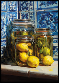 Sunny lemons in jars against blue tile wall.-6