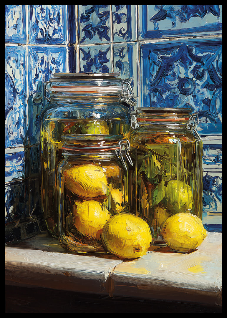 Sunny lemons in jars against blue tile wall.-12