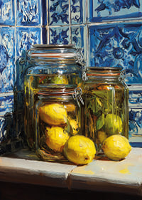 Sunny lemons in jars against blue tile wall.-7