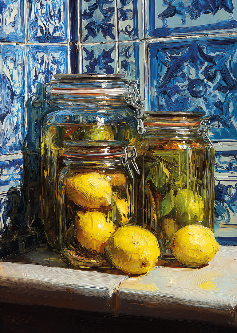 Sunny lemons in jars against blue tile wall.-12
