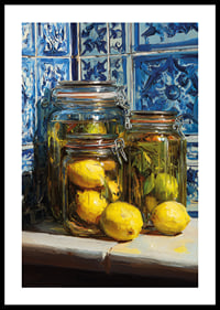 Sunny lemons in jars against blue tile wall.-0