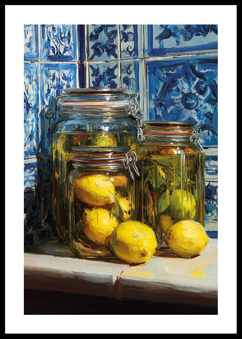 Sunny lemons in jars against blue tile wall.-12