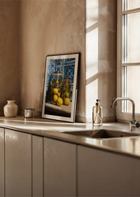 Sunny lemons in jars against blue tile wall.-8