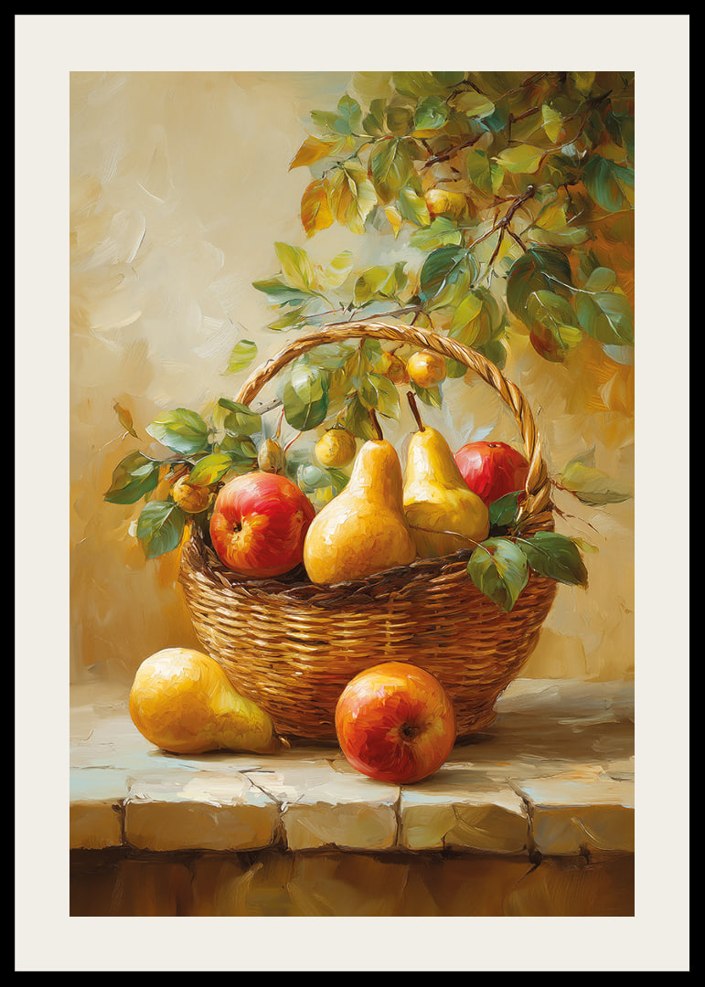 Vibrant basket of apples and pears captures the riches of autumn in warm tones.-12