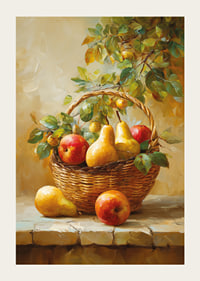 Vibrant basket of apples and pears captures the riches of autumn in warm tones.-3