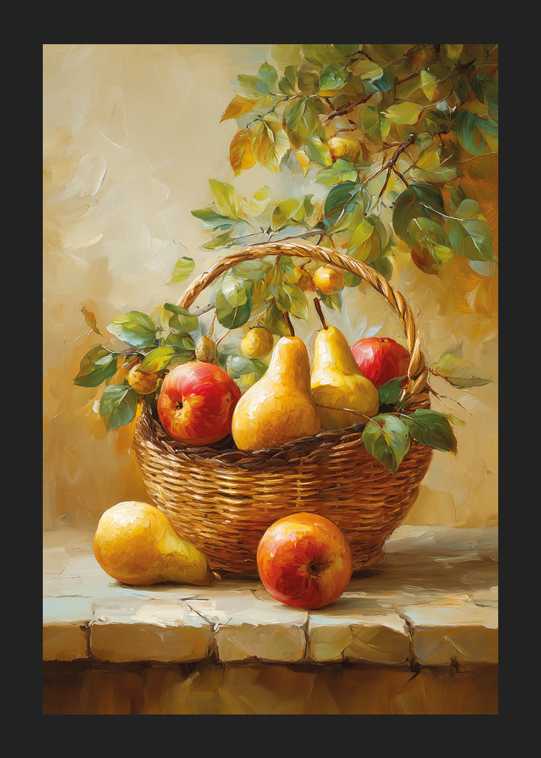 Vibrant basket of apples and pears captures the riches of autumn in warm tones.-12