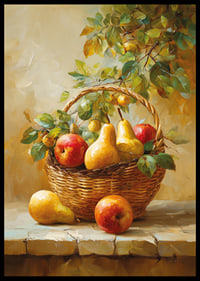 Vibrant basket of apples and pears captures the riches of autumn in warm tones.-6