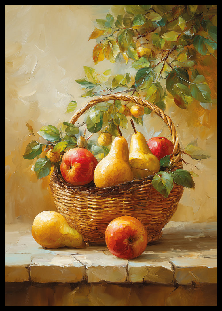 Vibrant basket of apples and pears captures the riches of autumn in warm tones.-12