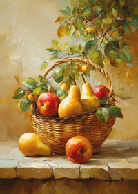 Vibrant basket of apples and pears captures the riches of autumn in warm tones.-7
