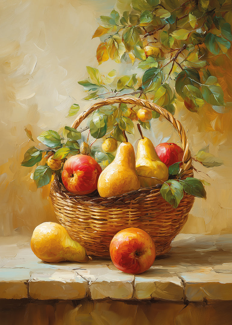 Vibrant basket of apples and pears captures the riches of autumn in warm tones.-12