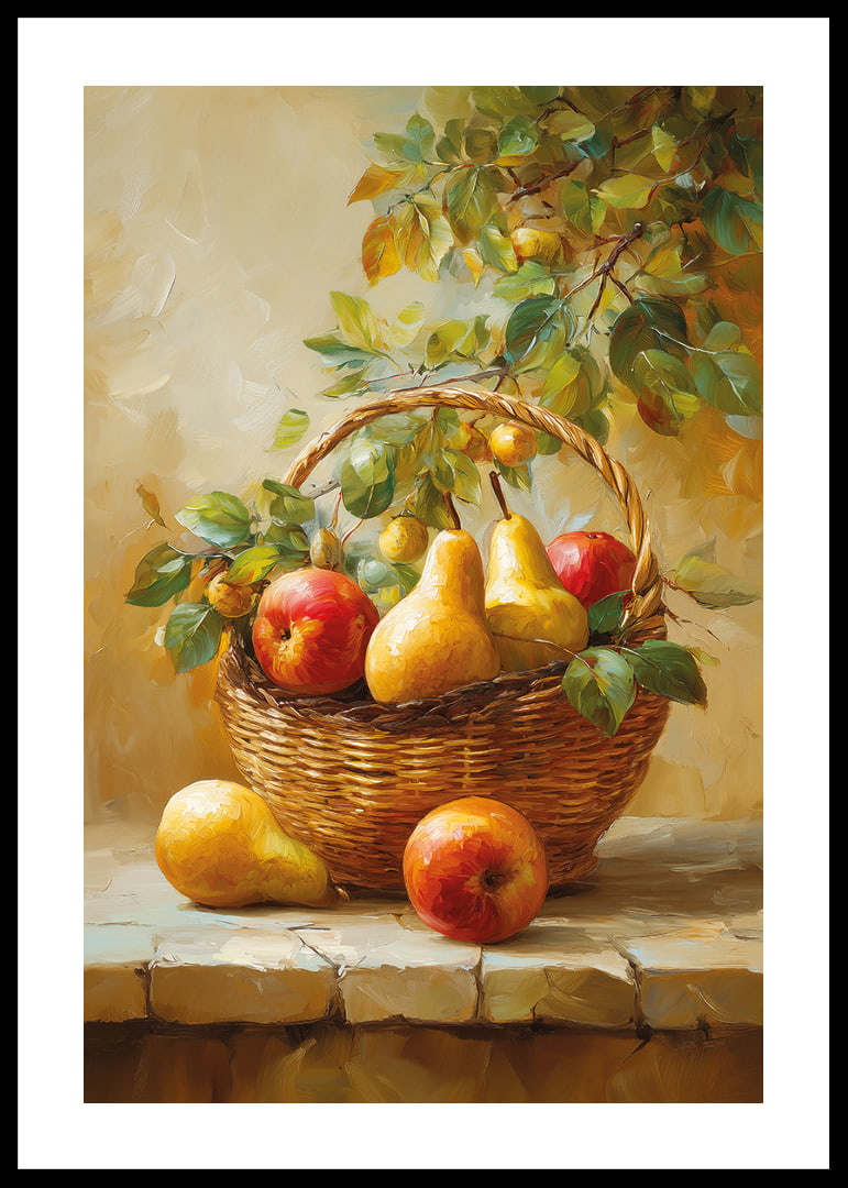 Vibrant basket of apples and pears captures the riches of autumn in warm tones.-12