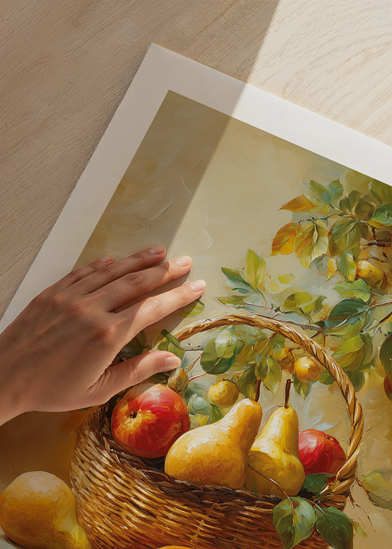 Vibrant basket of apples and pears captures the riches of autumn in warm tones.-12