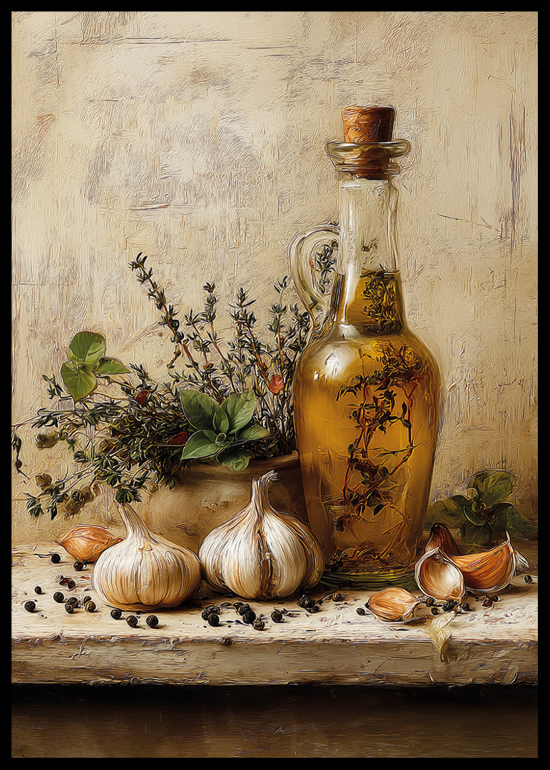 Rustic olive oil and garlic adorn your kitchen.-12