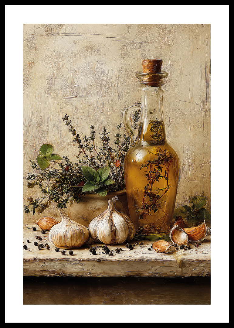 Rustic olive oil and garlic adorn your kitchen.-12