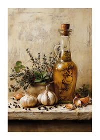 Rustic olive oil and garlic adorn your kitchen.-1