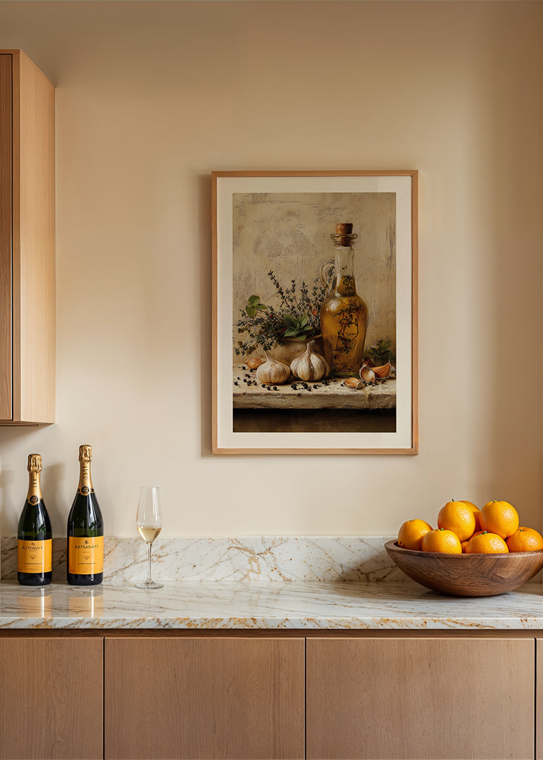 Rustic olive oil and garlic adorn your kitchen.-12