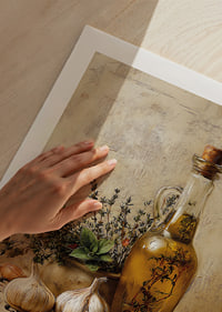 Rustic olive oil and garlic adorn your kitchen.-9