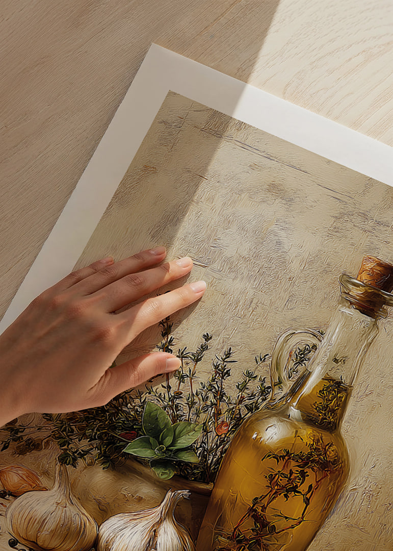 Rustic olive oil and garlic adorn your kitchen.-12