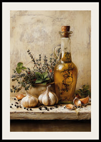 Rustic olive oil and garlic adorn your kitchen.-2