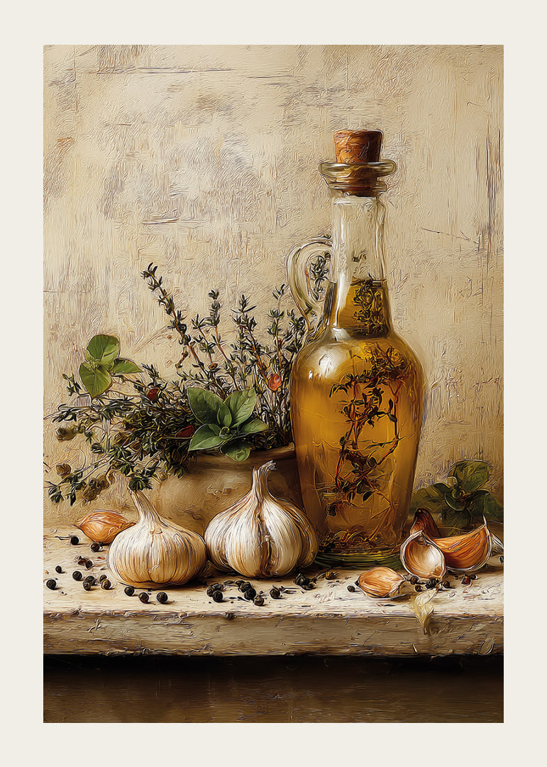 Rustic olive oil and garlic adorn your kitchen.-12
