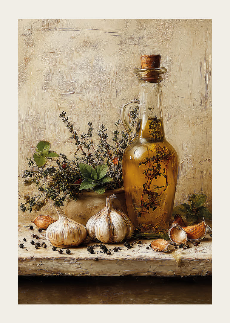L'huile d'olive rustique et l'ail ornent votre cuisine.-12