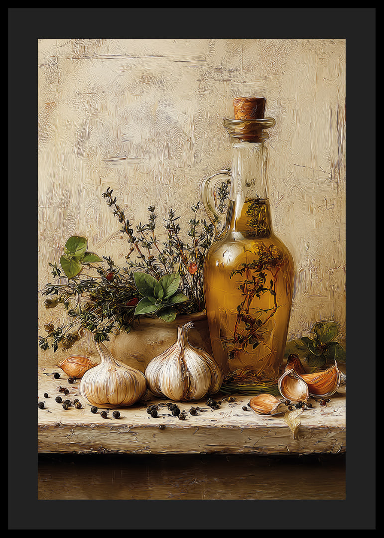 Rustic olive oil and garlic adorn your kitchen.-12
