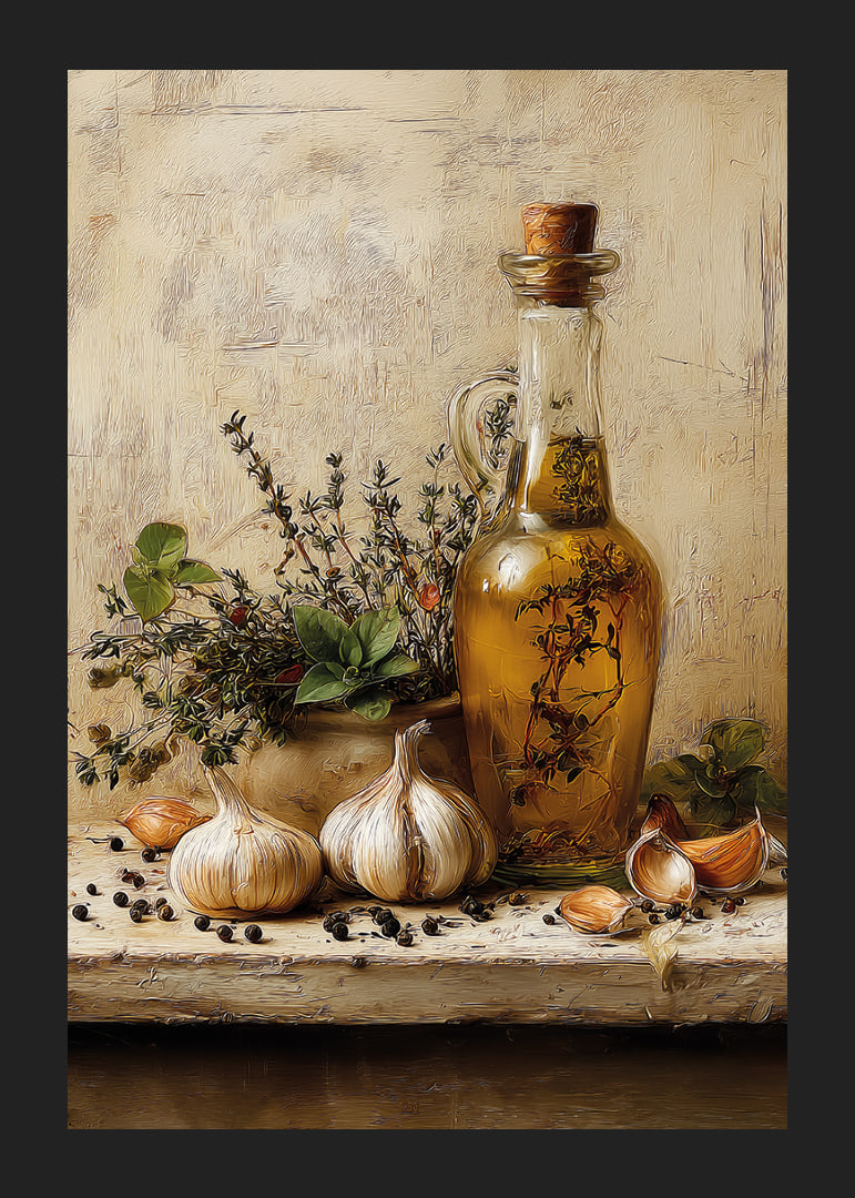 Rustic olive oil and garlic adorn your kitchen.-12